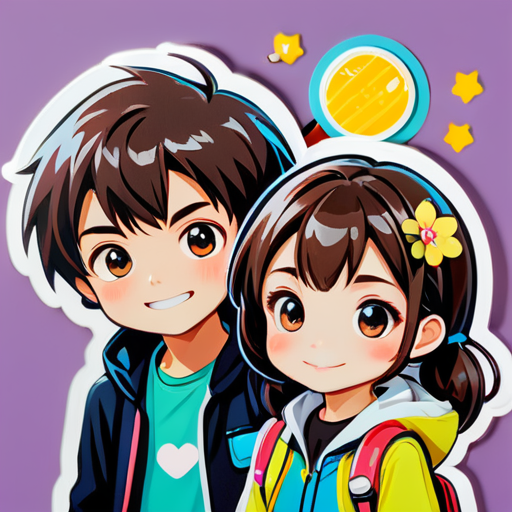 crear la imagen de un chico y una chica estudiantes tipo kawuai sticker