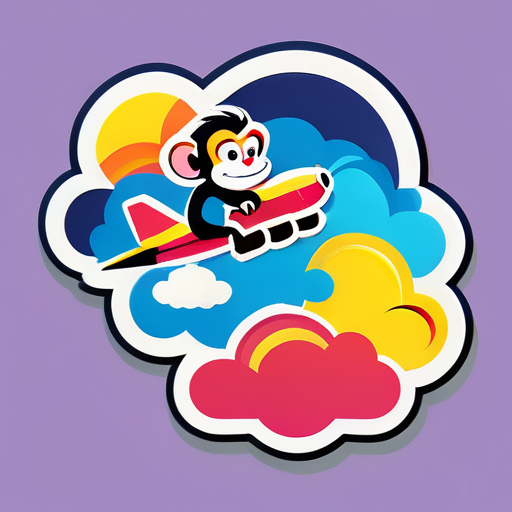 Un singe vole au-dessus d'un avion sur un nuage propice aux sept couleurs. sticker