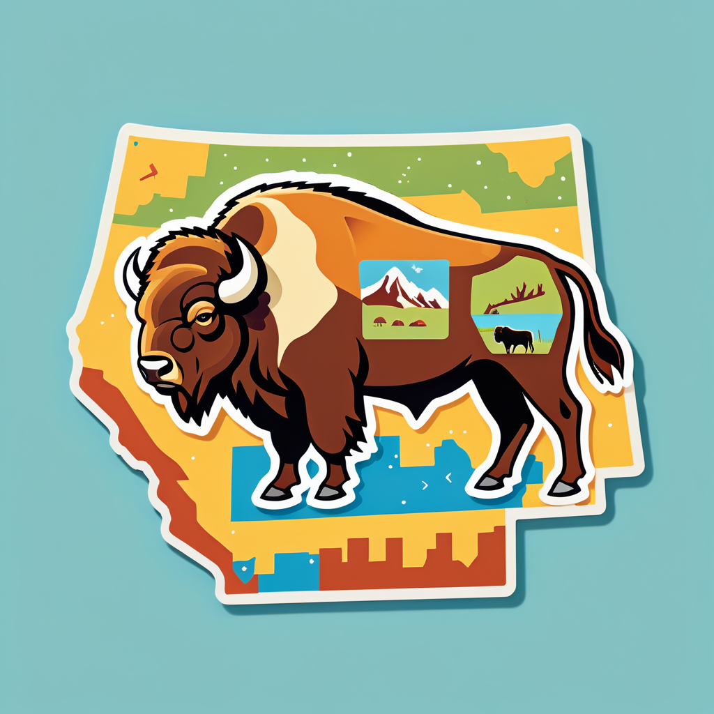 Ein Bison mit einem Westernsattel in seiner linken Hand und einer Karte der Prärie in seiner rechten Hand sticker