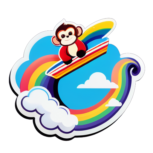 Un singe vole sur un nuage arc-en-ciel au-dessus d'un avion. sticker