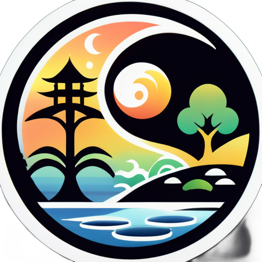 Créer une image de logo avec une composition de bagua yin et yang, comprenant les éléments suivants : soleil, lune, arbres, gratte-ciel, lac, dans un style très simple et clair. sticker