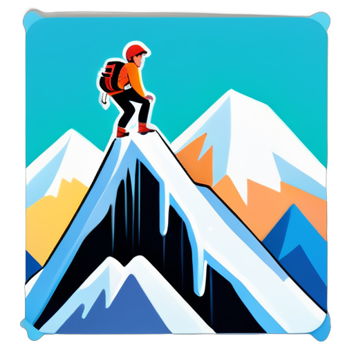 Cartoon illustration, climbing action, with snowy mountains in the background, sticker