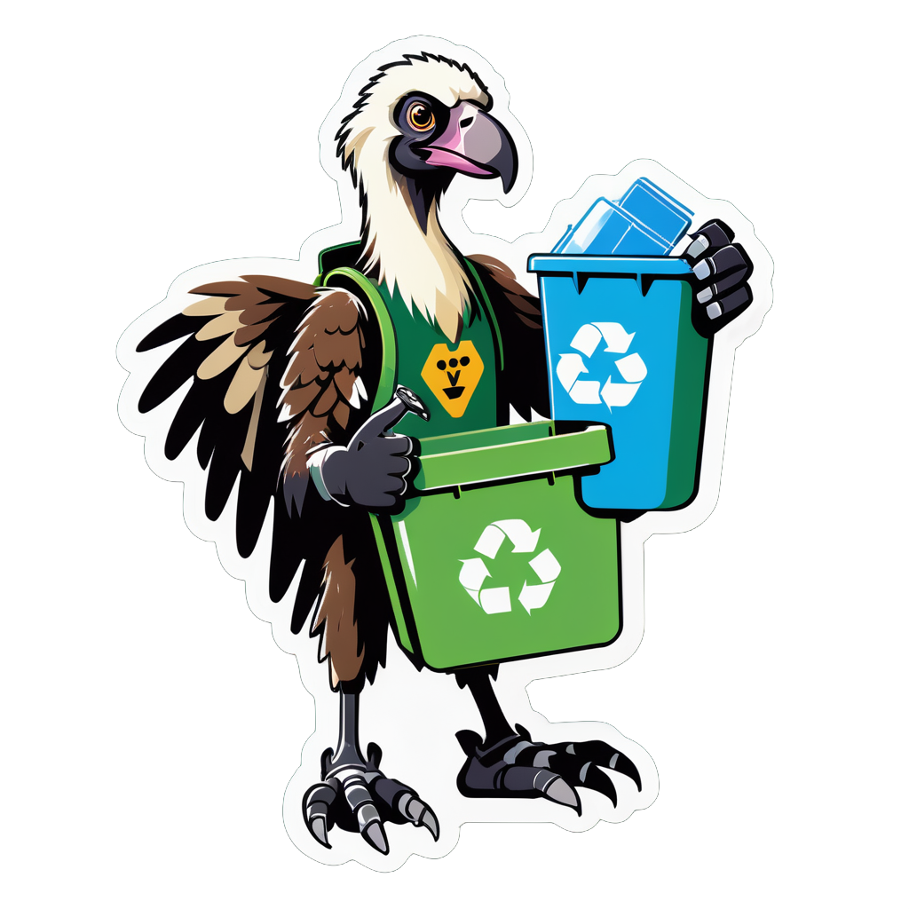 Ein Geier mit einem Recyclingbehälter in seiner linken Hand und einem Reinigungshandschuh in seiner rechten Hand sticker