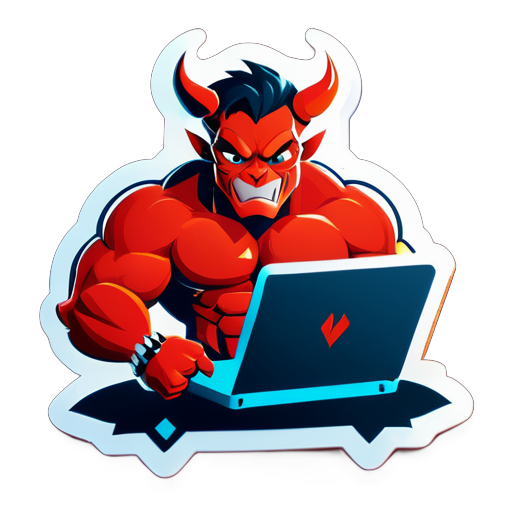 coding devil with big muscles and laptop sticker