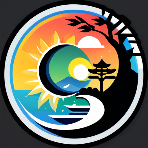 Gerar uma imagem de logotipo com um layout de Bagua Yin Yang, contendo elementos como: sol, lua, árvores, arranha-céus, lagos, com um estilo de desenho muito simples e claro. sticker