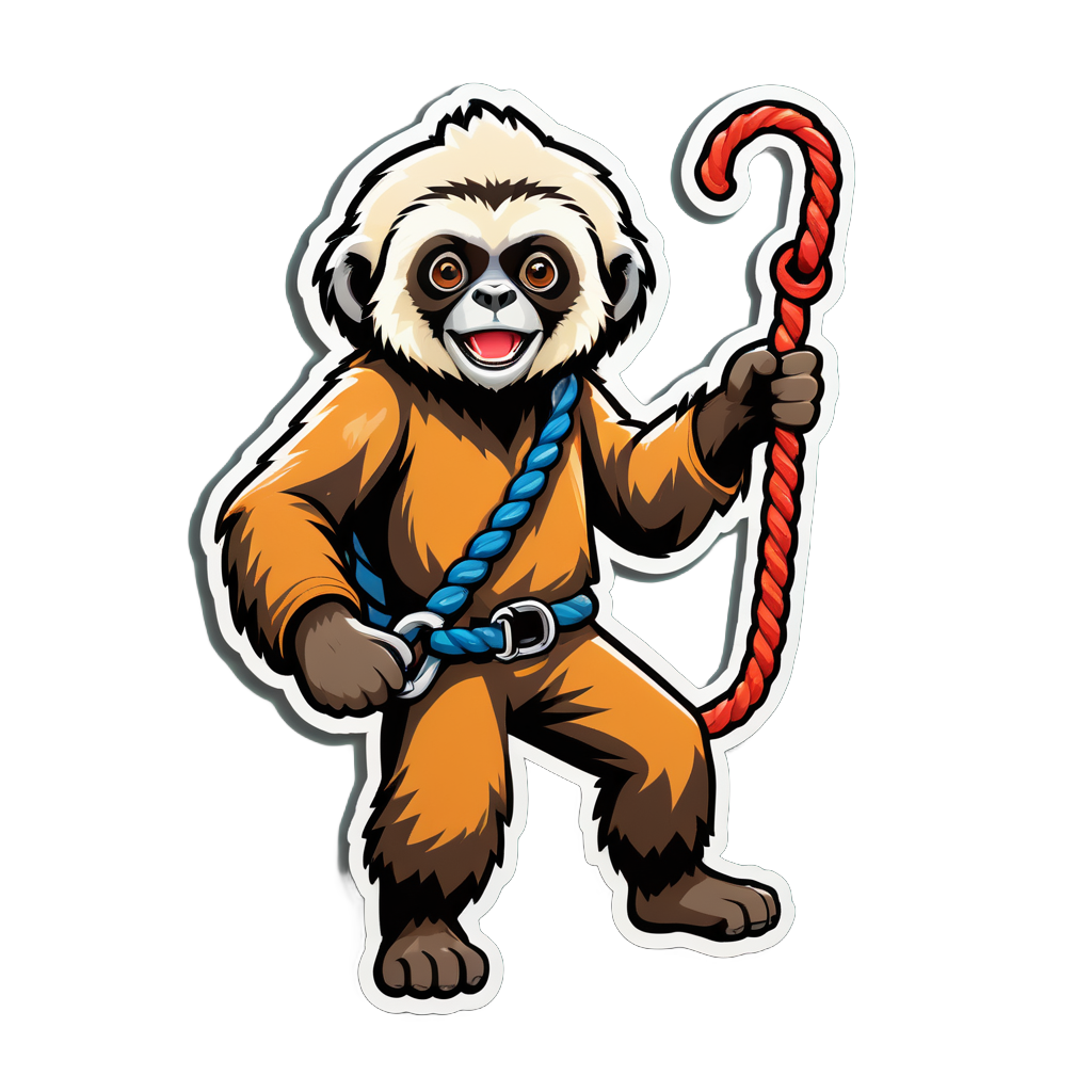 Ein Gibbon mit einem Kletterseil in der linken Hand und einem Karabiner in der rechten Hand sticker