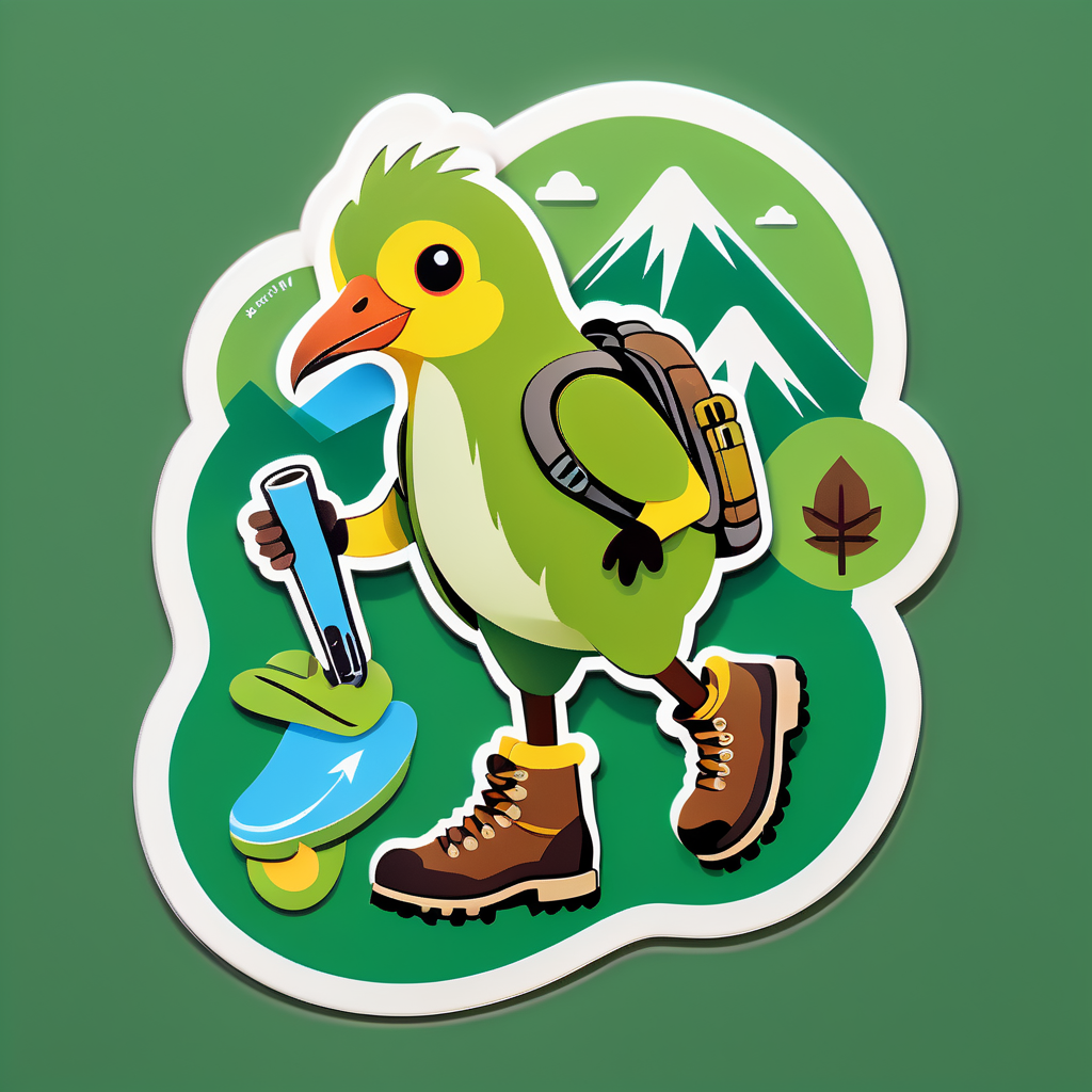 Um pássaro kiwi com uma bota de caminhada em sua mão esquerda e um mapa de trilha em sua mão direita sticker