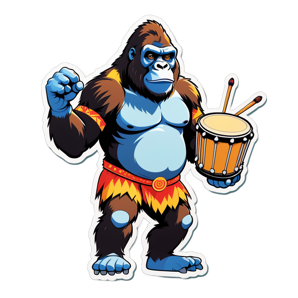 Ein Gorilla mit einer Trommel in seiner linken Hand und Trommelstöcken in seiner rechten Hand sticker