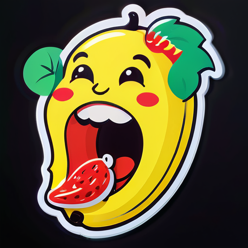 desenhe uma banana rindo ao mesmo tempo em que a banana está comendo morango, coloque um pouco do morango dentro da boca da banana grande sticker