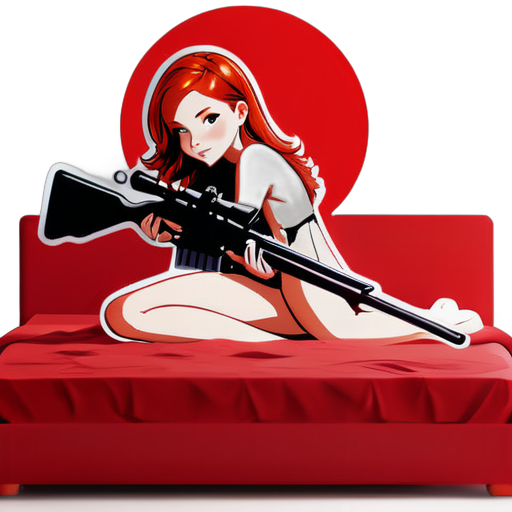 Sexy teenage redhead girl 18 years old, naked, on a red bed, huging a big sniper rifle sticker