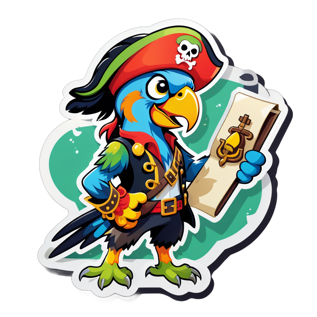 Un perroquet avec un chapeau de pirate dans sa main gauche et une carte au trésor dans sa main droite sticker