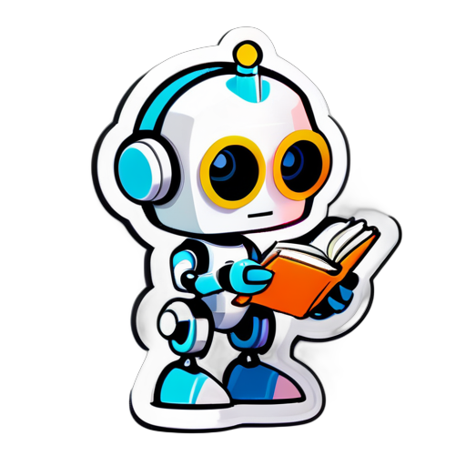 a cute robot reading a book, sticker, white background, hyperdetailed sticker