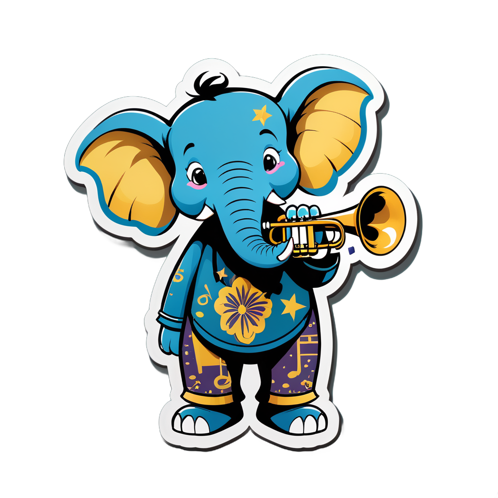 Ein Elefant mit einer Trompete in der linken Hand und Notenblättern in der rechten Hand sticker