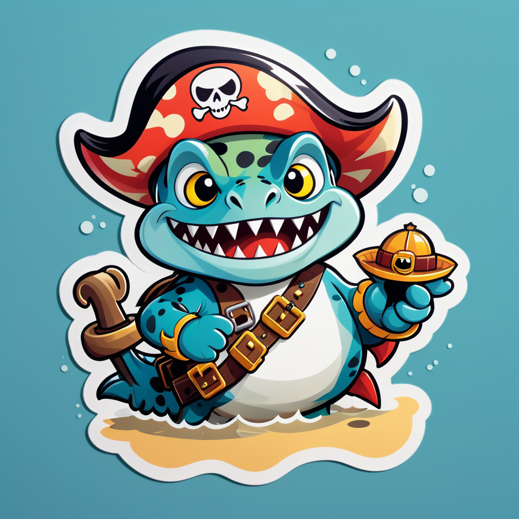 Ein Piranha mit einem Piratenhut in seiner linken Hand und einer Schatzkarte in seiner rechten Hand sticker