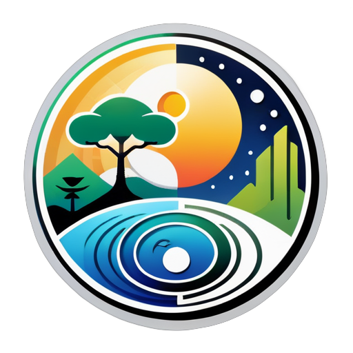 Créer une image de logo avec une composition de bagua yin et yang, comprenant les éléments suivants : soleil, lune, arbres, gratte-ciel, lac, dans un style très simple et clair. sticker