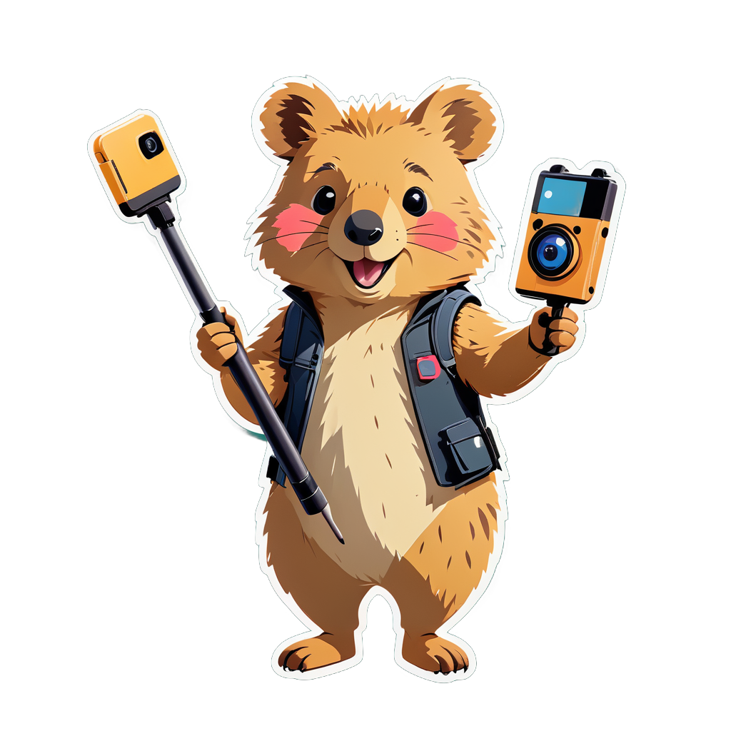 Ein Quokka mit einem Selfie-Stick in der linken Hand und einer Kamera in der rechten Hand sticker