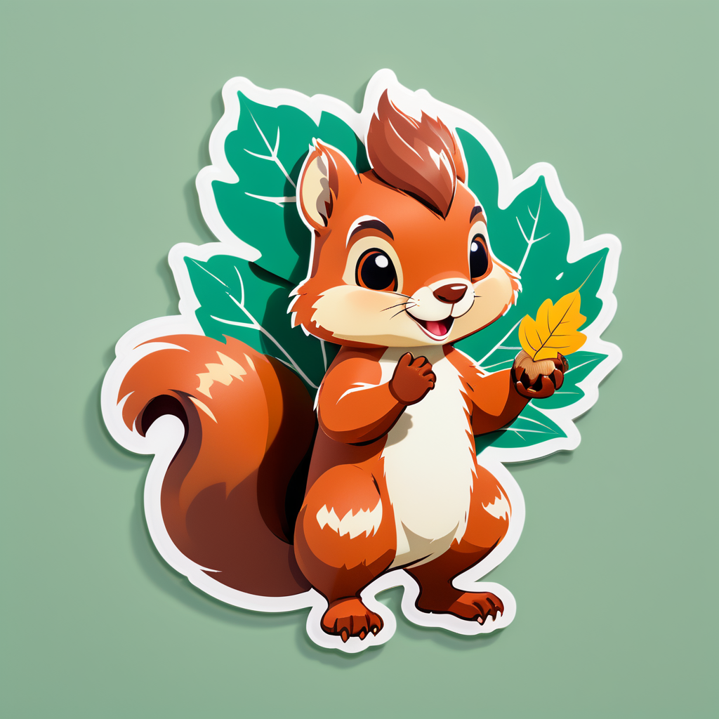 Ein Eichhörnchen mit einer Eichel in seiner linken Hand und einem Blatt in seiner rechten Hand sticker