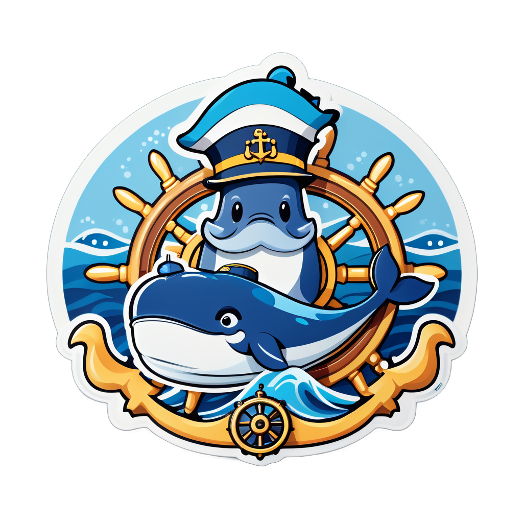 Une baleine avec un chapeau de capitaine de mer dans sa main gauche et une barre de gouvernail dans sa main droite sticker