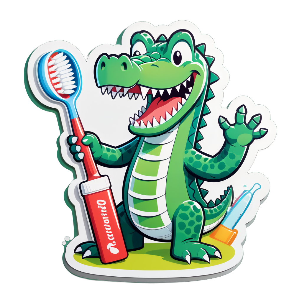 Un crocodile avec une brosse à dents dans sa main gauche et un tube de dentifrice dans sa main droite sticker