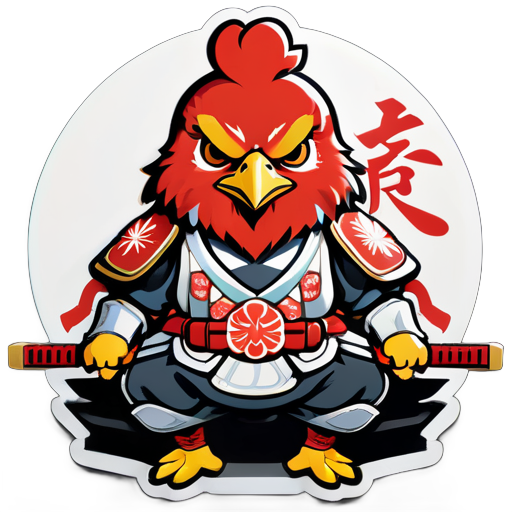 Huhn in japanischer Generalrüstung, meditiert im japanischen Stil mit gekreuzten Beinen. Zwei Katana-Schwerter sind an der Taille befestigt. Ein Ausdruck der Ernsthaftigkeit im Gesicht. sticker