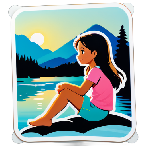 one girl sitting near lake sticker