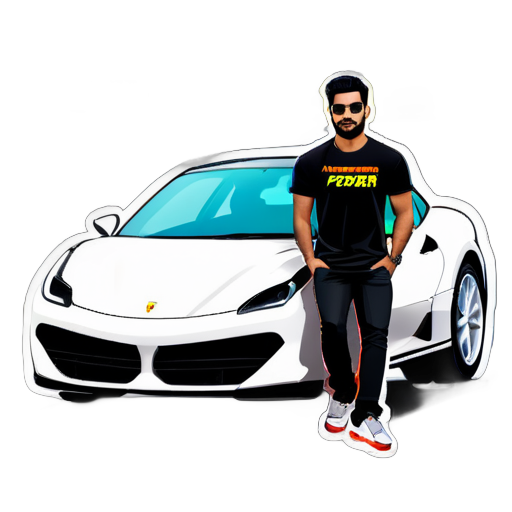 ein Mann sitzt auf einem Ferrari-Auto, arbeitet mit einem Laptop, trägt ein schwarzes T-Shirt und sein Name Waqar Haider steht auf der Rückseite seines Shirts sticker