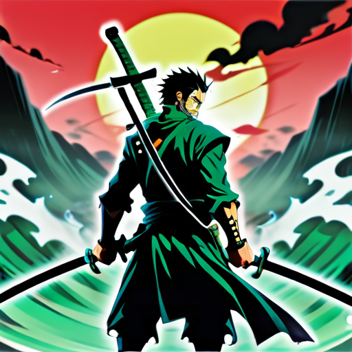 En un mundo donde el choque de acero resuena a través de valles brumosos y paisajes escarpados, existe un legendario espadachín conocido como Zoro. Con sus tres espadas atadas a su espalda y una determinación inquebrantable ardiendo en sus ojos, Zoro atraviesa los vastos mares y tierras traicioneras en busca de su objetivo final. Pero el destino es una amante caprichosa, y Zoro se ve envuelto en una serie de peligros sticker