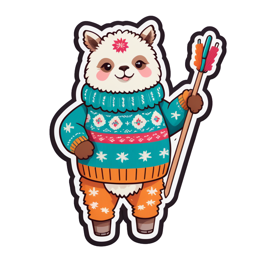 Ein Alpaka mit einem wolligen Pullover in der linken Hand und Stricknadeln in der rechten Hand sticker