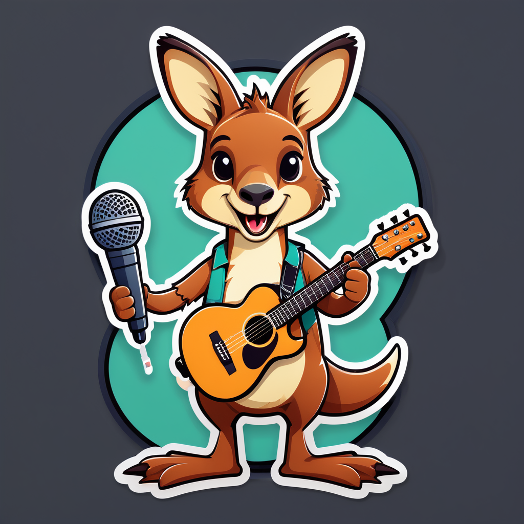 Ein Känguru mit einer Gitarre in der linken Hand und einem Mikrofon in der rechten Hand sticker