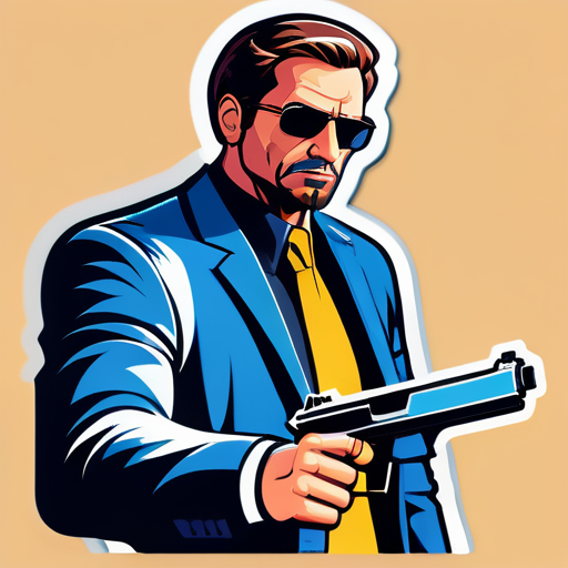 man should point a desert eagle gun towards laptop sticker