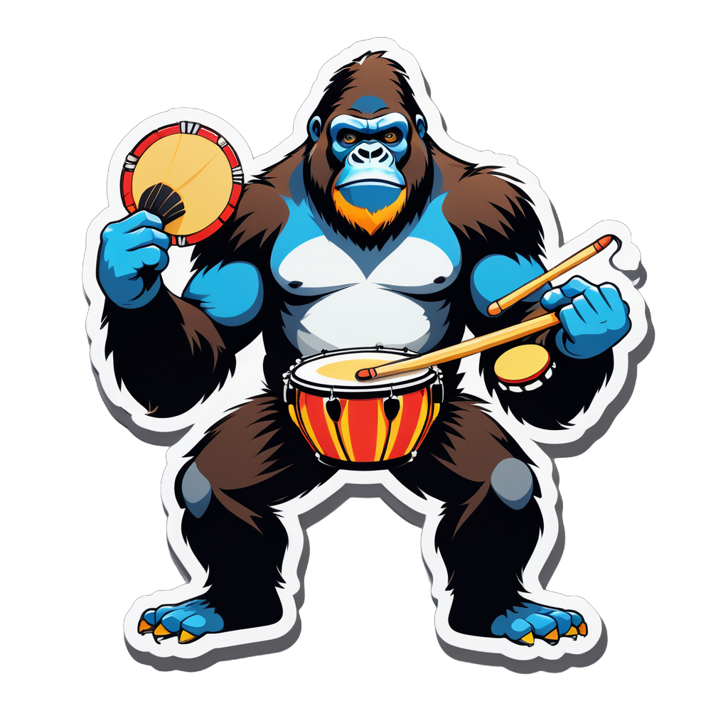 Ein Gorilla mit einer Trommel in seiner linken Hand und Trommelstöcken in seiner rechten Hand sticker