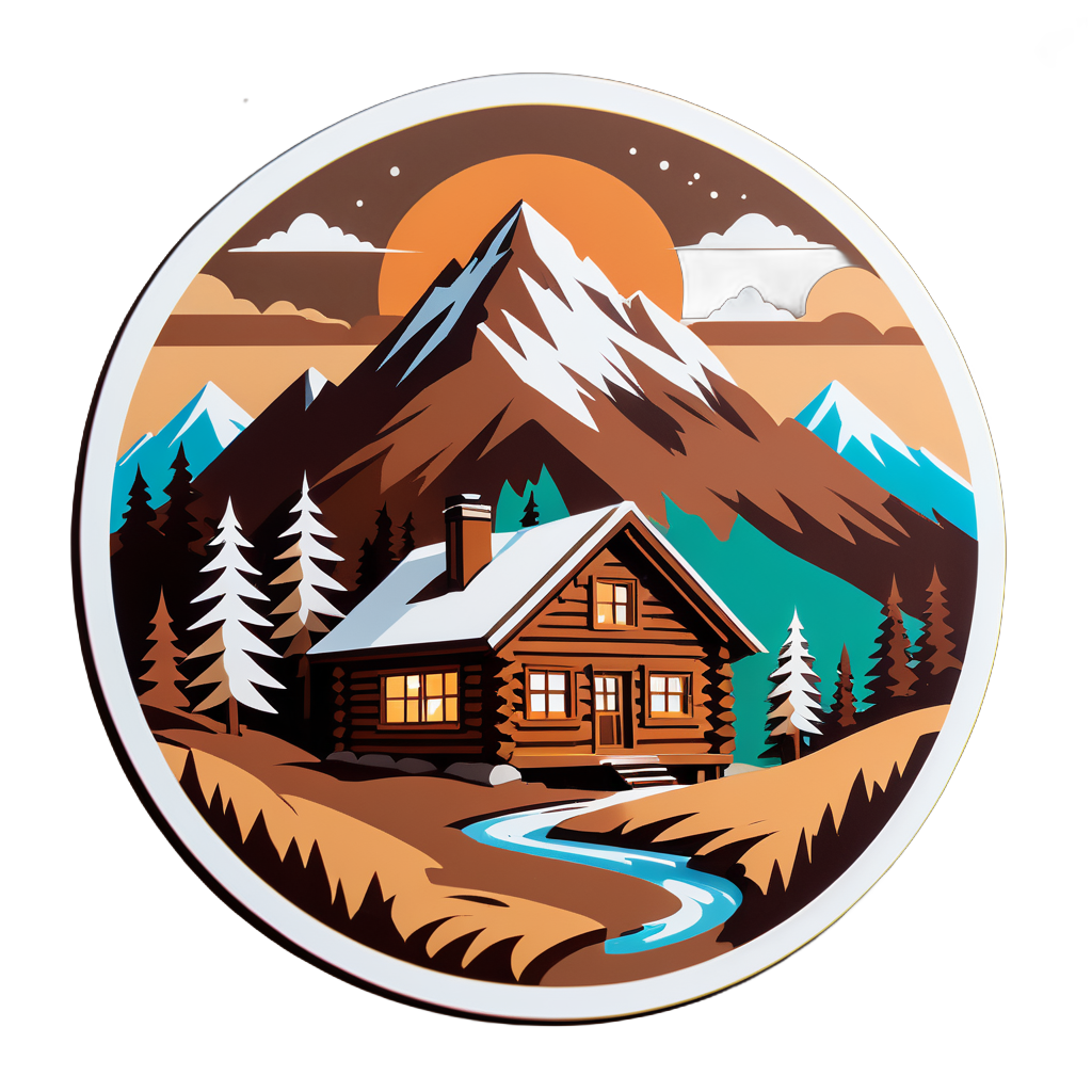 Brown Cabin Nestled in the Mountains sticker