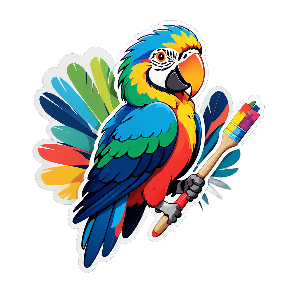 Ein Ara mit einem Pinsel in der linken Hand und einer Farbpalette in der rechten Hand sticker