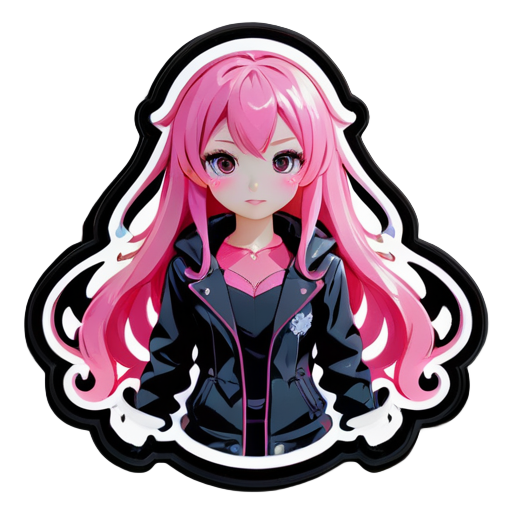 Menina com cabelos longos cor-de-rosa e traje JK preto, imagem de anime sticker