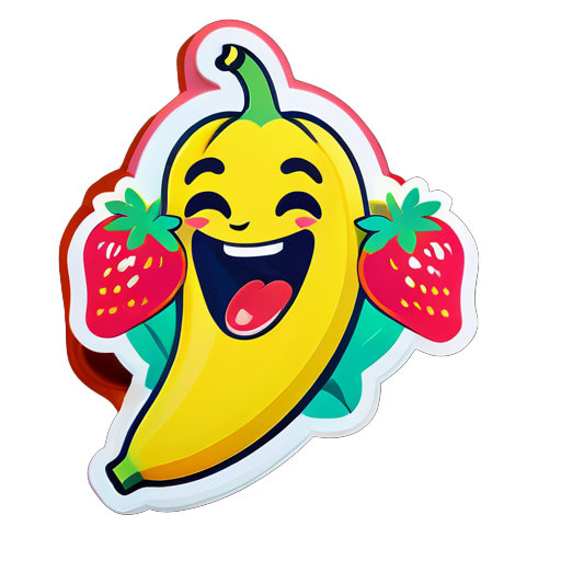 desenhe uma banana rindo ao mesmo tempo em que come morango sticker