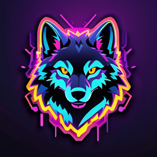 Uma silhueta de lobo iluminada por neon em cores vibrantes, com contornos brilhantes e destaques. O texto 'Neon Wolf Gaming' é estilizado com efeitos de neon, criando uma vibe futurista e eletrizante. sticker