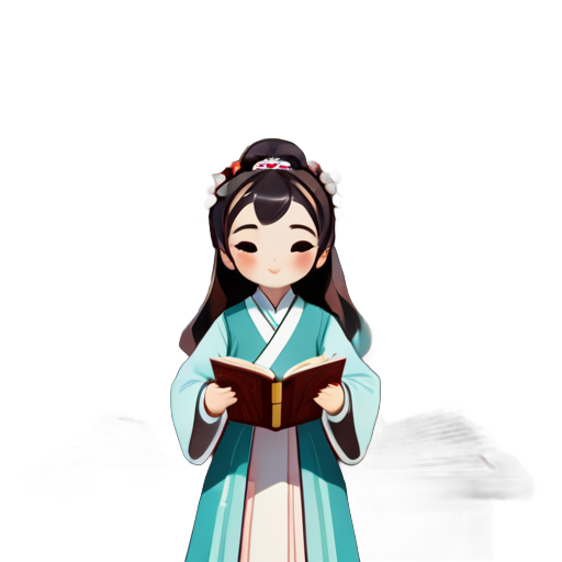 Ein junges Mädchen in Hanfu spielt Guzheng in einem Raum mit Regalen voller Bücher als Hintergrund, die Bücher im Regal haben natürliche Farben. sticker