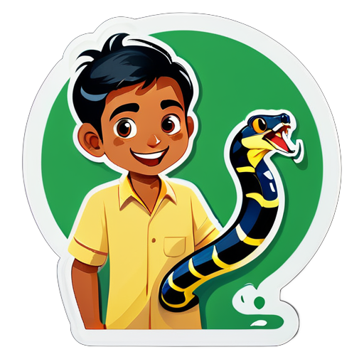 Um homem segurando uma cobra chamada achal, é uma criança pequena de Bihar, com 7 anos de idade sticker