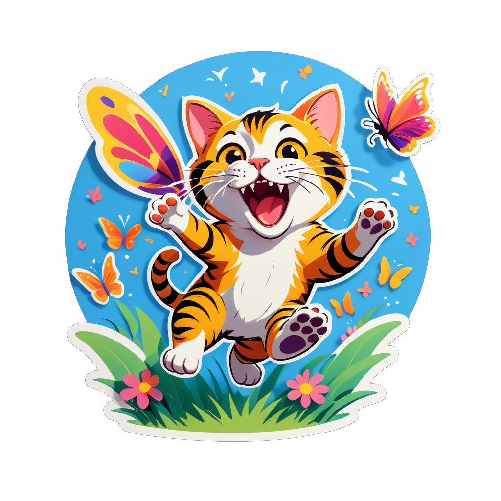 Excited Cat Chasing Butterflies sticker