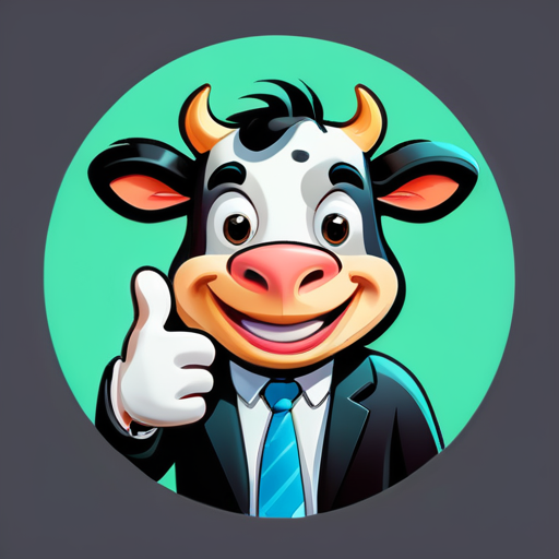 Cartoon cow, salesman, thumb sticker