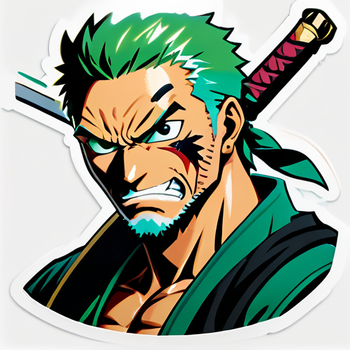 Zoro, regard féroce et épées tirées, fait face à des épreuves de valeur, de loyauté et de force au milieu d'aventures épiques à travers des terres périlleuses. sticker