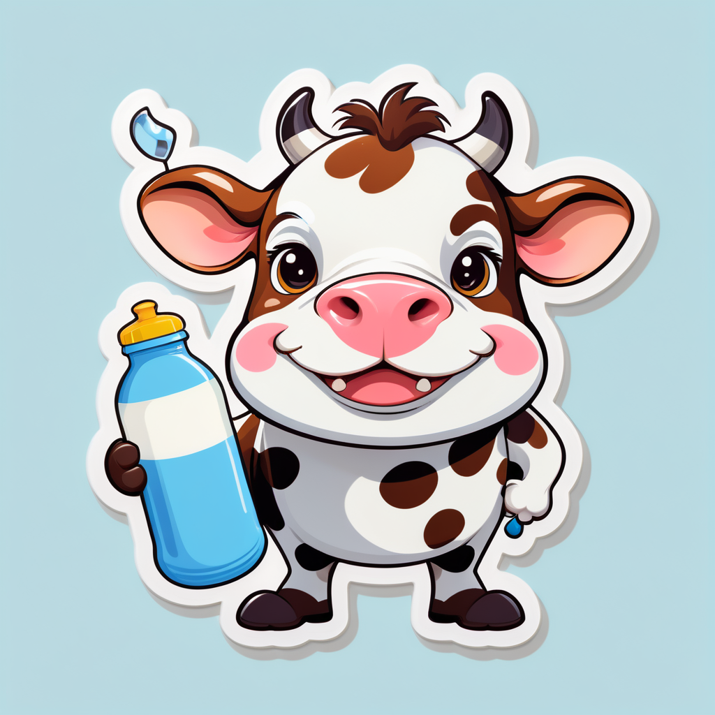 Une vache avec une cloche dans sa main gauche et une bouteille de lait dans sa main droite sticker