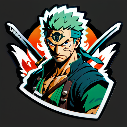 Zoro, olhar feroz e espadas desembainhadas, enfrenta provações de valor, lealdade e força em meio a aventuras épicas por terras perigosas. sticker