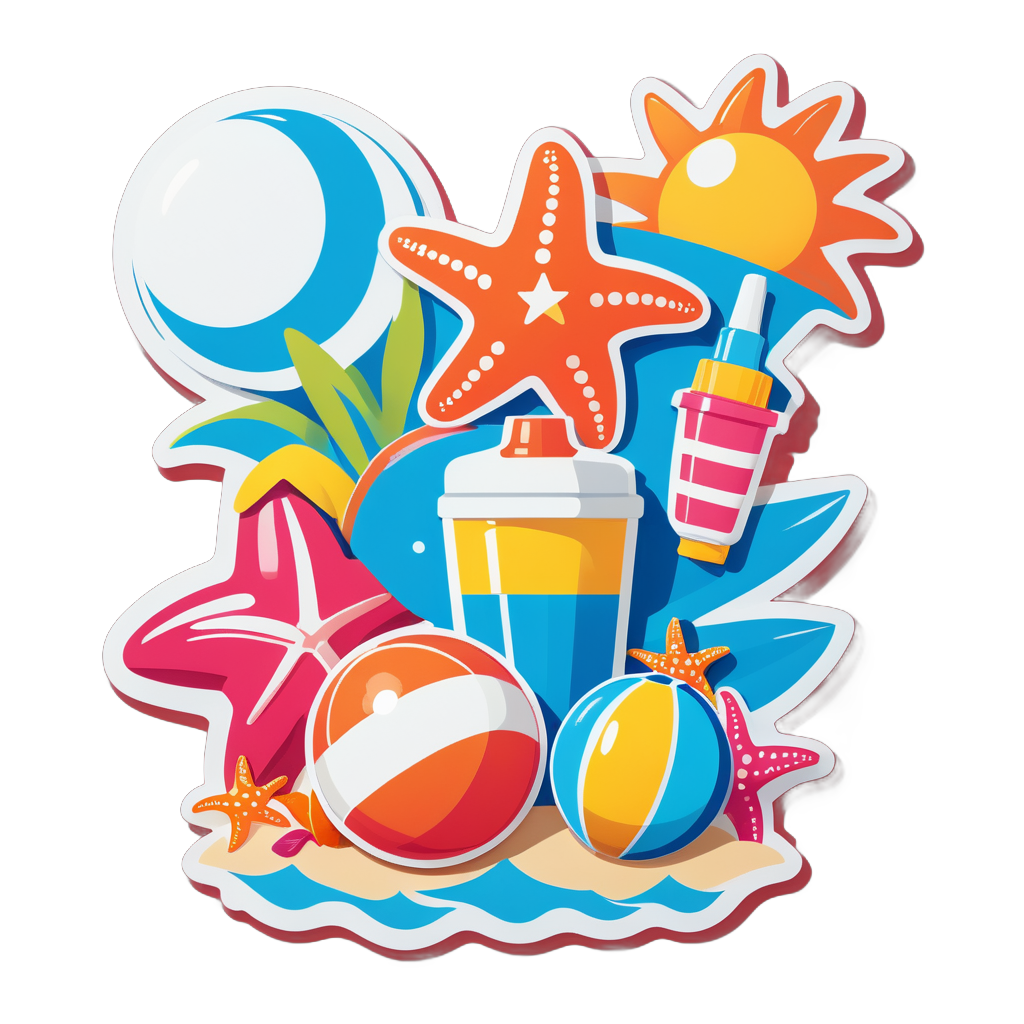 Ein Seestern mit einem Strandball in der linken Hand und einer Sonnencreme-Flasche in der rechten Hand sticker