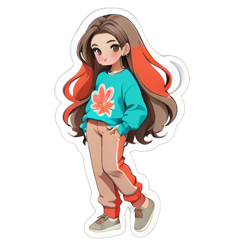 make a sticker with an anime model with Kabul hair, a Coral Reef sweater, Kabul colored pants, and Taupe colored shoes sticker