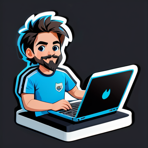 Gerador de um adesivo de um menino trabalhando em seu laptop, o menino tem cabelos, barba e bigode de Messi, ele está vestindo uma camiseta azul maia de manga comprida e jeans preto carbono. sticker