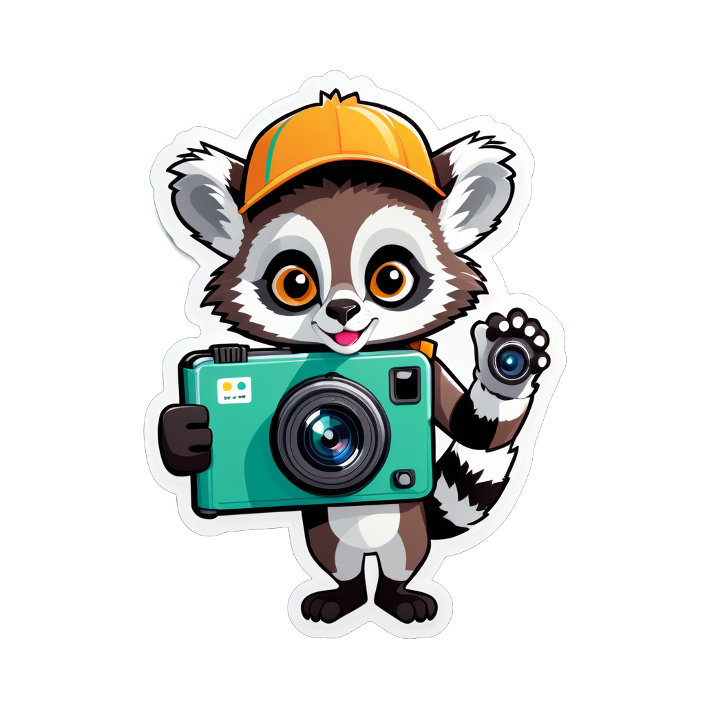 Ein Lemur mit einer Kamera in seiner linken Hand und einem Reiseführer in seiner rechten Hand sticker