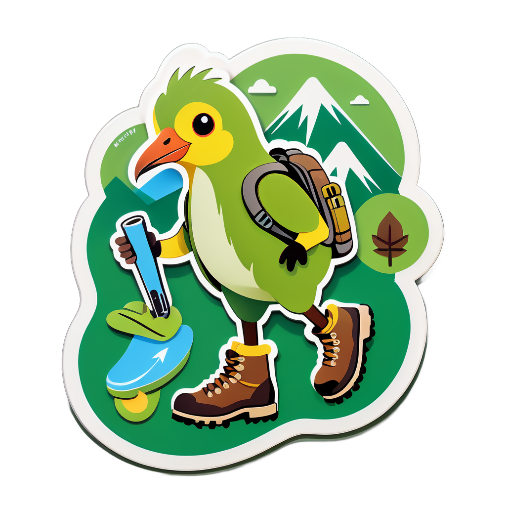 Un oiseau kiwi avec une chaussure de randonnée dans sa main gauche et une carte de sentier dans sa main droite sticker