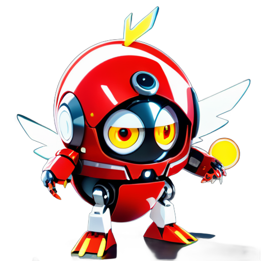 best quality，A robot，mecha，single person，non humanoid robot，designed to， resemble an angry bird，with an egg shaped mechanical head，a red and white， robot，mechanical legs and arms connected to the head，a fingerless mechanical， arm，no body parts，high reflection surface，black optical lens shaped eyes， with aluminum alloy ring，reflective eyes,
 sticker