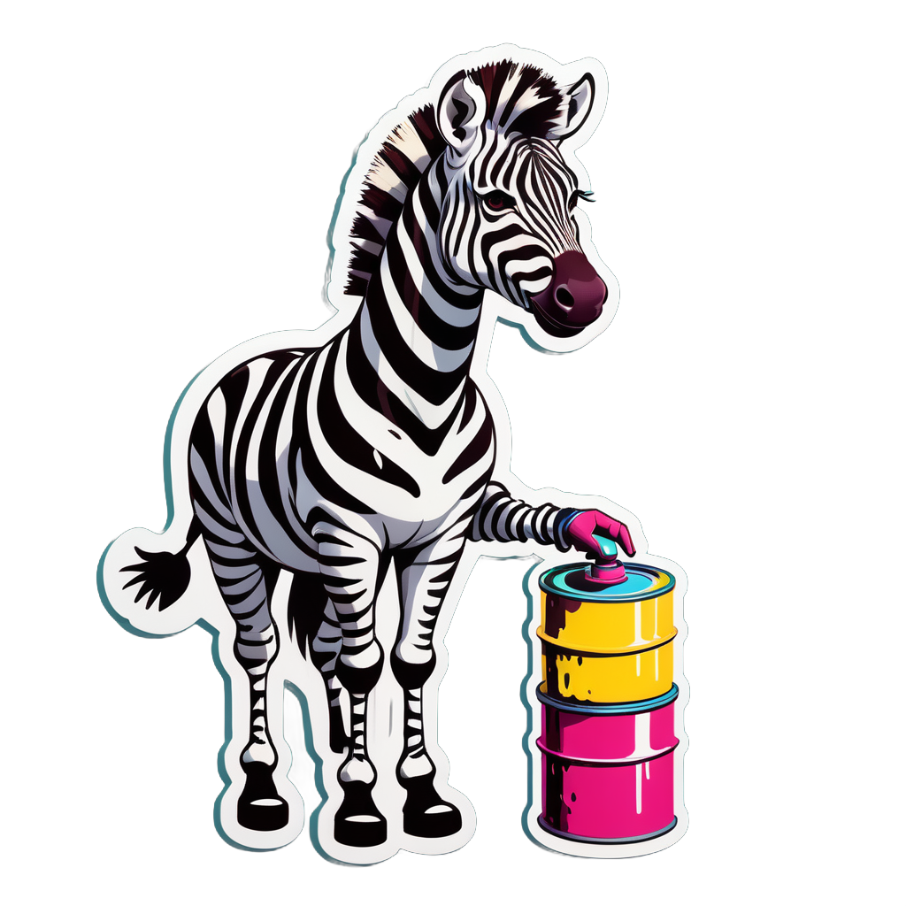 Uma zebra com uma lata de tinta na mão esquerda e um rolo de pintura na mão direita sticker